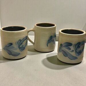 Rowe Pottery Salt Glazed Stoneware 3Mug Coffee Cup HandPainted Blue Flower 1993